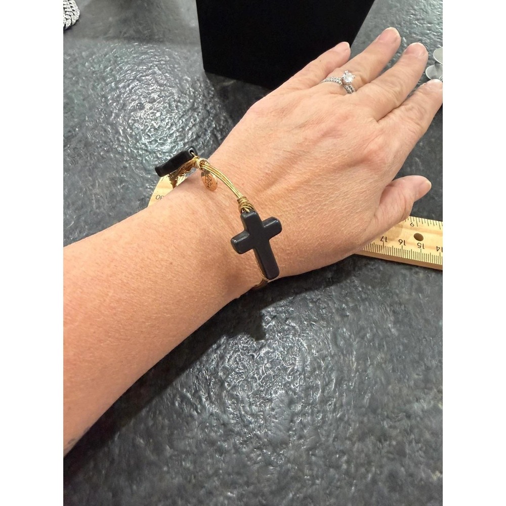 Bourbon & Boweties Gold Tone Wire Bangle Bracelet Black Crosses Christian Faith